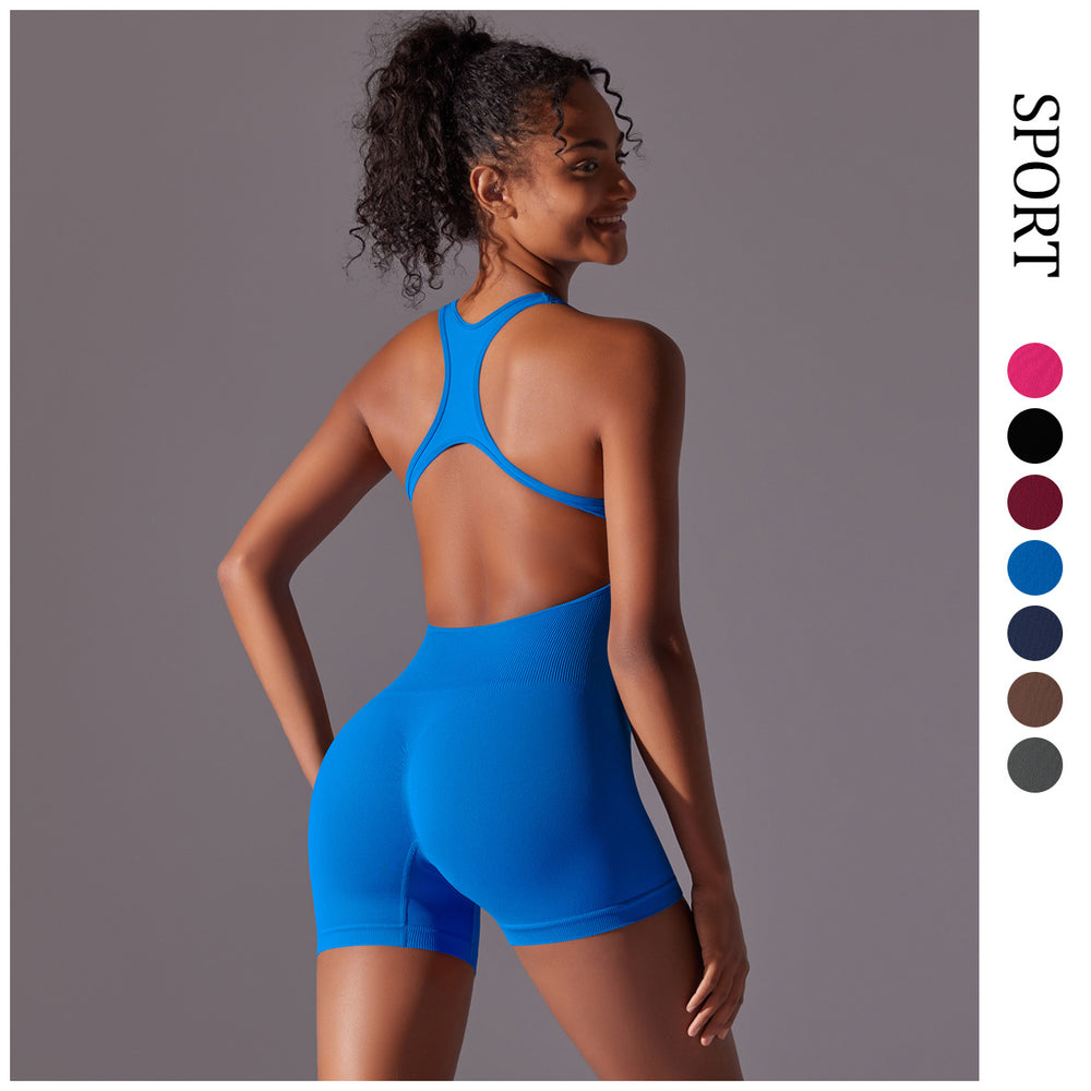 Fashion tight back seamless yoga wear short jumpsuit hip lifting body shaping all-in-one sports fitness jumpsuit