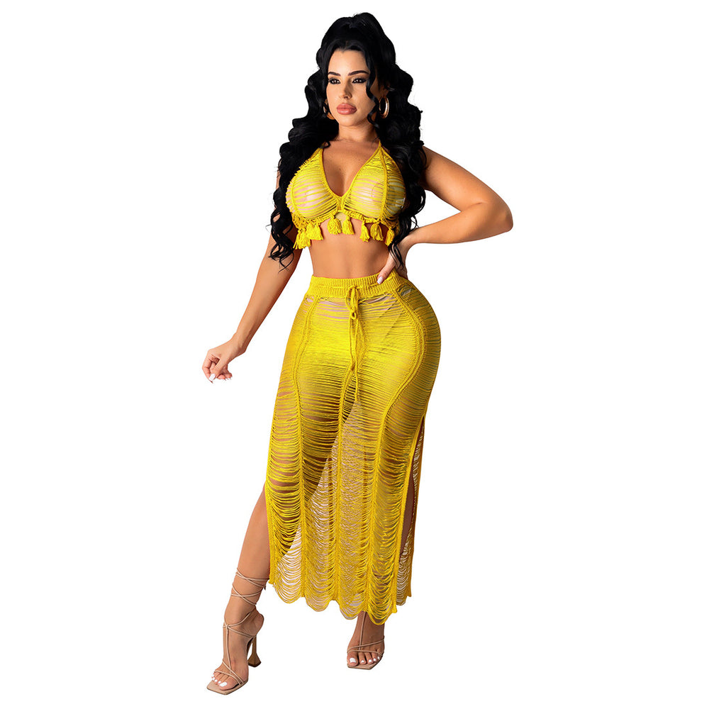 Amazon summer collection: european & american style sexy cutout tassel knit beach dress set - direct from the cross-border factory