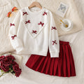european and american cross-border girls' bow knit top + a-line pleated skirt set, big kids' outfit