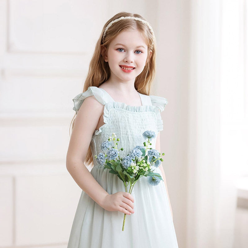 Girls' chiffon dress with ruched detail, long summer dress, ruffle shoulder straps, princess style,  new arrival, cross-border fashion for europe and america
