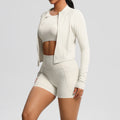 Fashionnew arrivalnude brushed long sleeves sports outwearcasualflap pocket pants shorts running butt lift yoga wear three-piece set