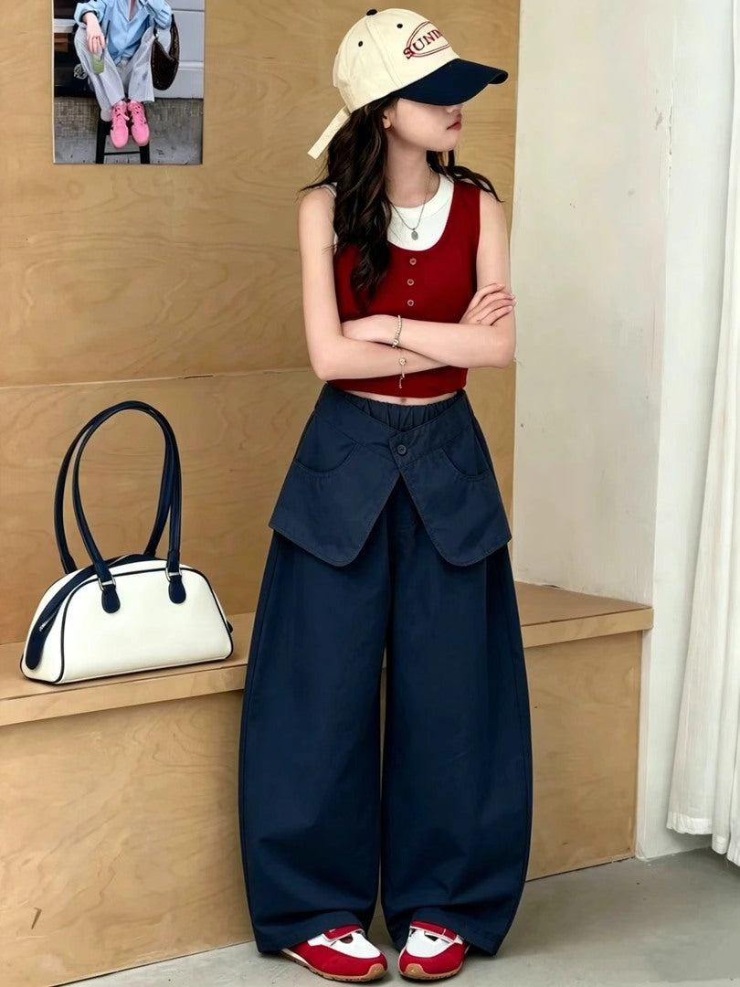 【100% cotton】super cute girls' wide-leg casual summer pants - faux two-piece, loose fit, scalloped hem, breathable and versatile
