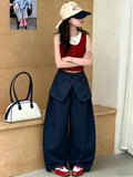 【100% cotton】super cute girls' wide-leg casual summer pants - faux two-piece, loose fit, scalloped hem, breathable and versatile