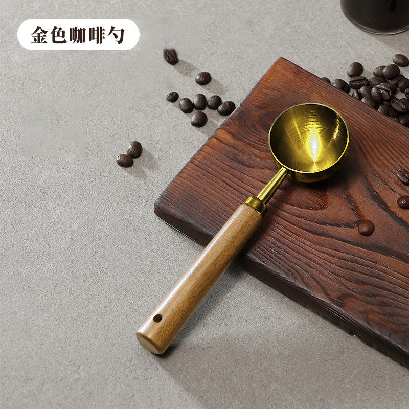 Custom 430 stainless steel round-head measuring spoons for baking, with beech wood handles – wholesale for home use and bubble tea shops