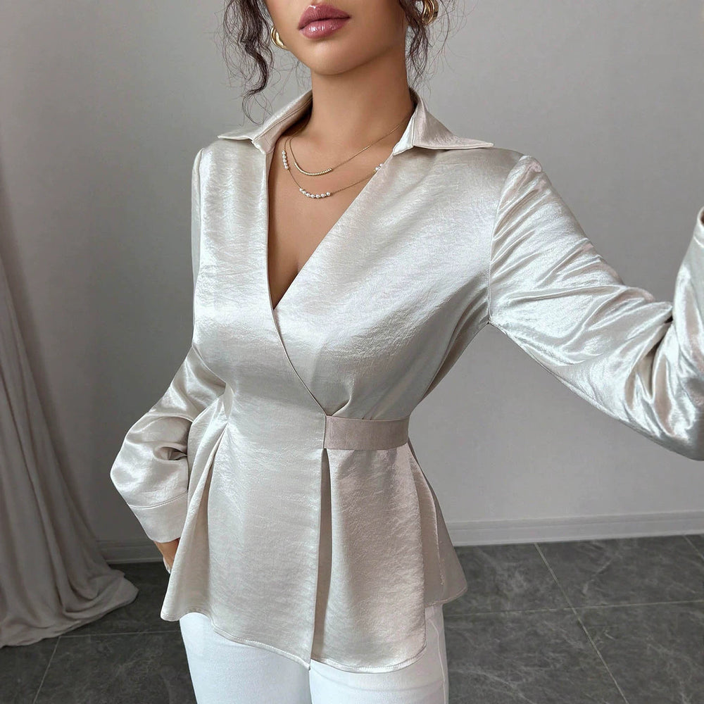 fashionwork clothingelegant shirt bright acetate satin lapel deep v strap waist slimming looklong sleevesshirt
