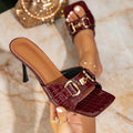 Women's fashion stiletto heel sandals - square toe, burgundy, metal frame detail, slip-on, minimalist high heels