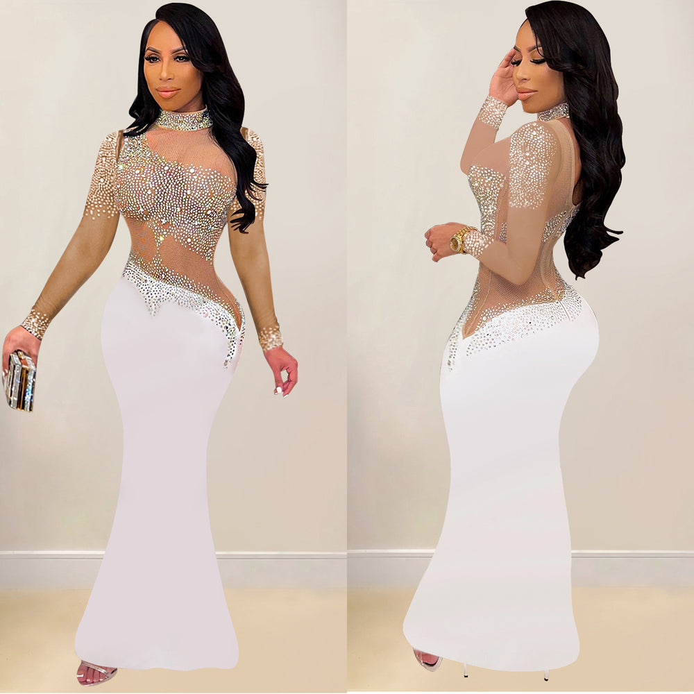 C7025 cross-border   independent station fashionfashion women's new hot diamond round neck dress length