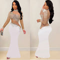 C7025 cross-border   independent station fashionfashion women's new hot diamond round neck dress length