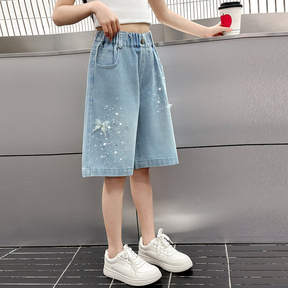 Girls' shorts - summer lightweight light wash denim mid-length shorts -  new summer fashionable pants - big kids' capri shorts