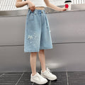 Girls' shorts - summer lightweight light wash denim mid-length shorts -  new summer fashionable pants - big kids' capri shorts