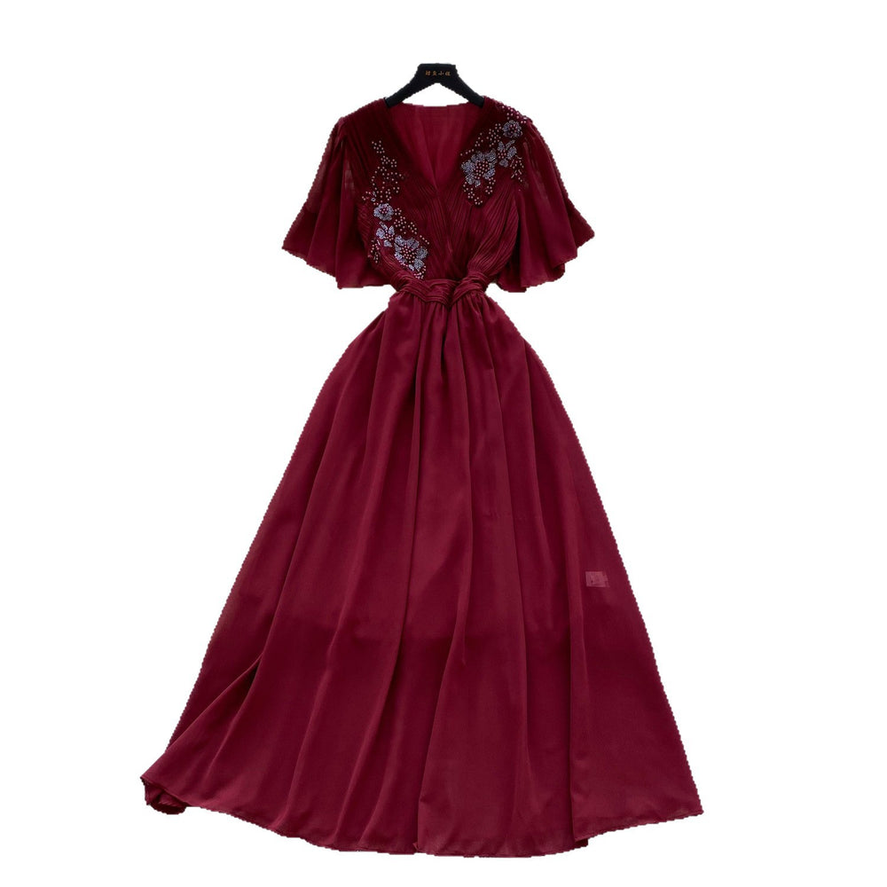 French retro chic v-neck dress - women's summer pleated, beaded, and crinkled design - mature and elegant maxi dress