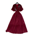 French retro chic v-neck dress - women's summer pleated, beaded, and crinkled design - mature and elegant maxi dress