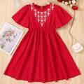 girls' dress - solid red embroidered & printed pleated skirt - summer sweet princess dress for mid-to-large children