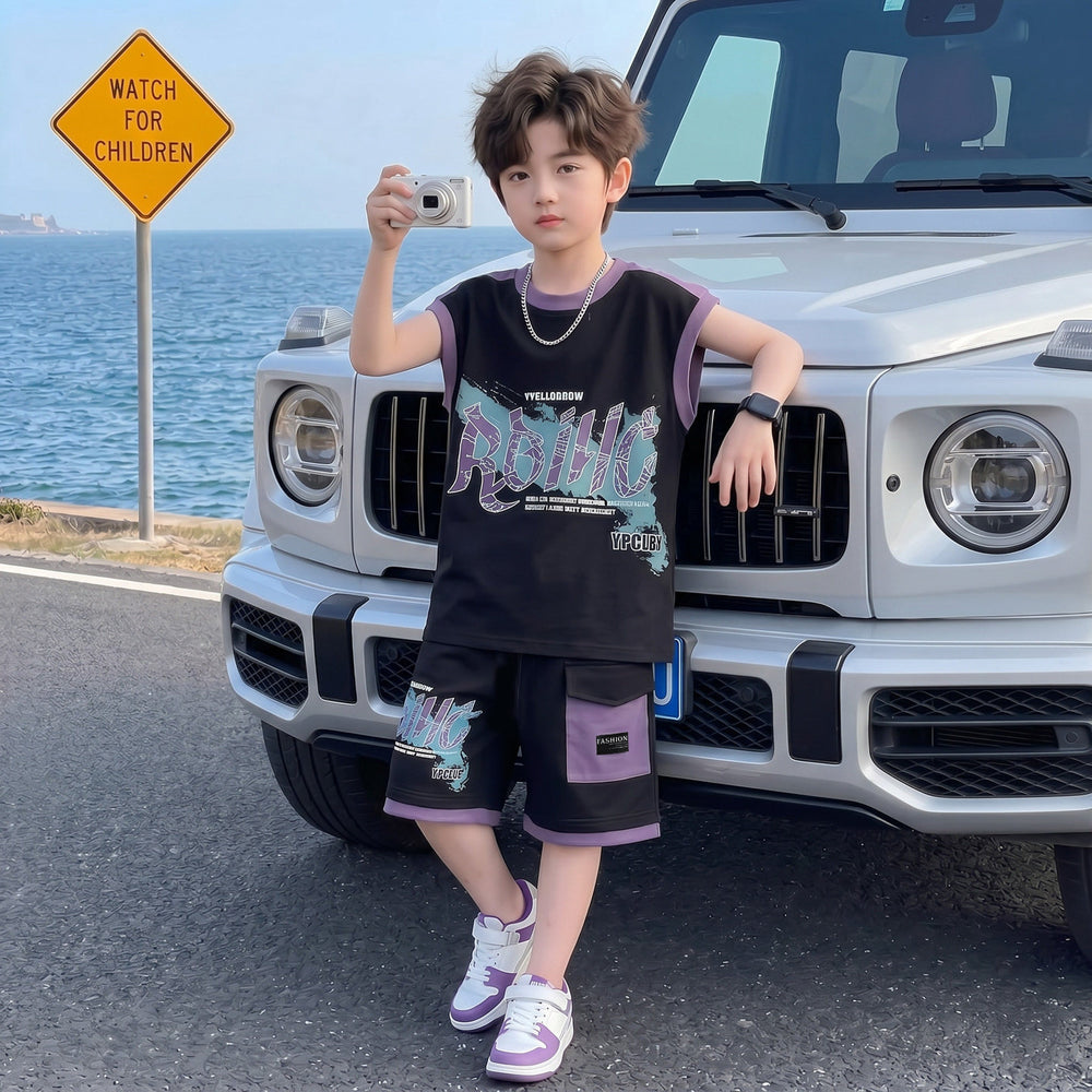 Boys' summer sports outfit  new style kids sleeveless tank top two-piece set, cool and trendy summer clothes for older boys