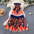 Vacation style halter large printingdress women's summer pure lust style high waistruffles cake skirt french long skirt