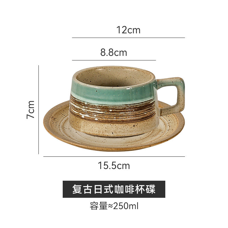 Vintage stoneware underglaze coffee cup and saucer set - ceramic drinking cup - office milk tea cup - high-style terracotta tea cup