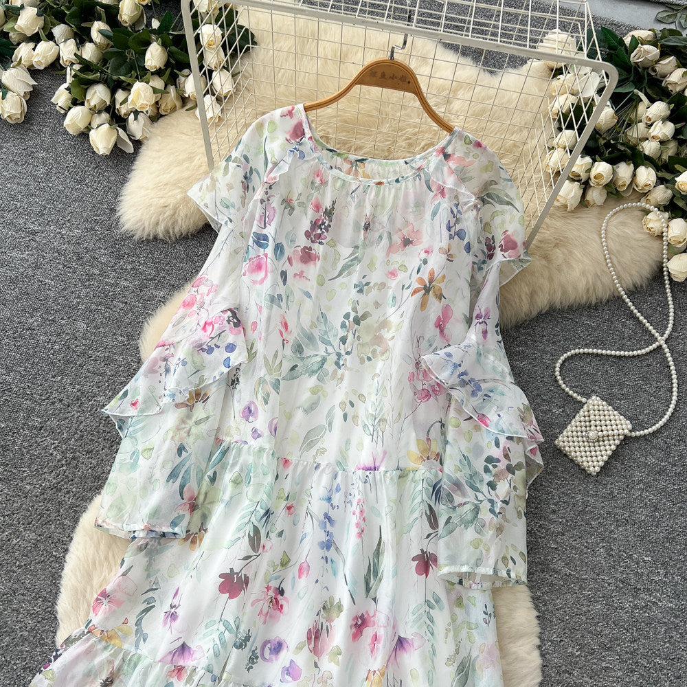 French chic white floral long sleeve dress - women's summer ruffle trim high waist, elegant, age-defying, vacation style