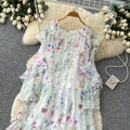 French chic white floral long sleeve dress - women's summer ruffle trim high waist, elegant, age-defying, vacation style