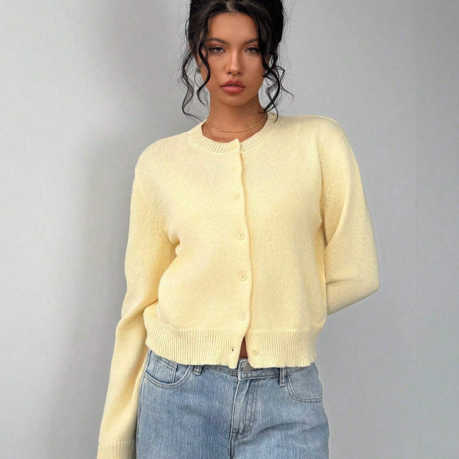 fashion light yellow short knittingcardigan round neck buttoned looselong sleeves soft waxy knittingoutwear