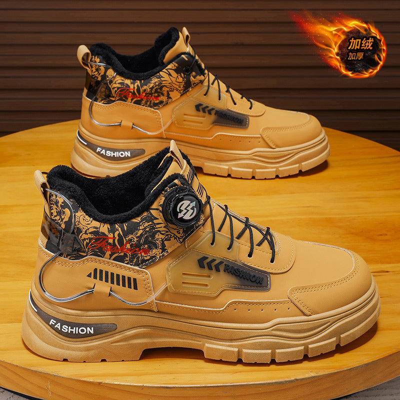 2025 men's winter waterproof, wear-resistant, non-slip, thick-soled casual work boots with fleece lining and rotating buckle detail (martin boots style)