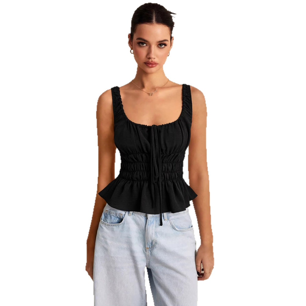 European and american style sweet square neck drawstring ruched camisole top - women's slimming, figure-flattering, ruffle hem, open back top