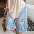 European and american style women's light blue pocket cargo wide-leg cropped jeans - drapey, commute-friendly, vacation-ready, trendy denim