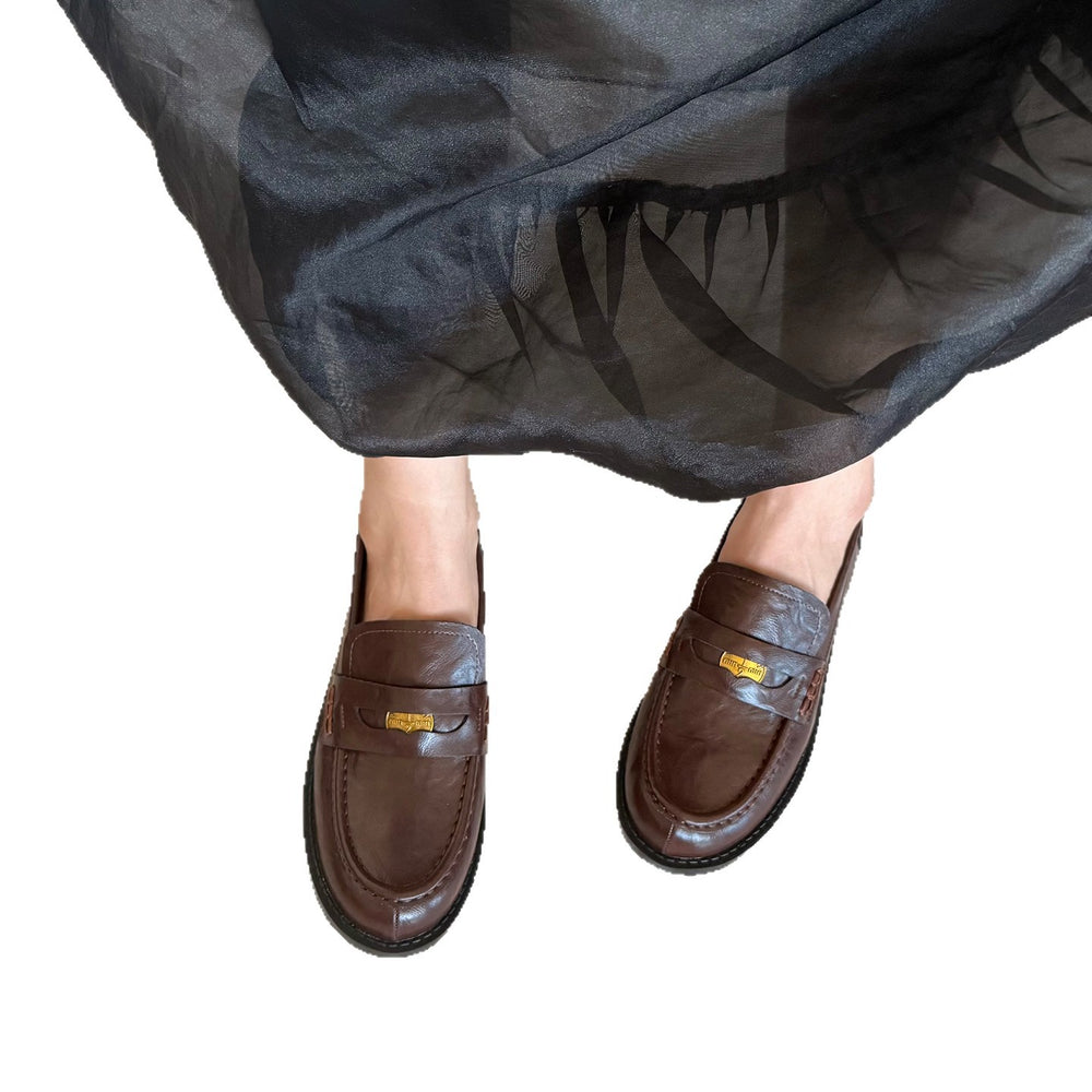 Grape mom retro brown leather loafers - chunky heel, gold coin detail, british style, women's vintage flats