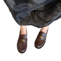 Grape mom retro brown leather loafers - chunky heel, gold coin detail, british style, women's vintage flats