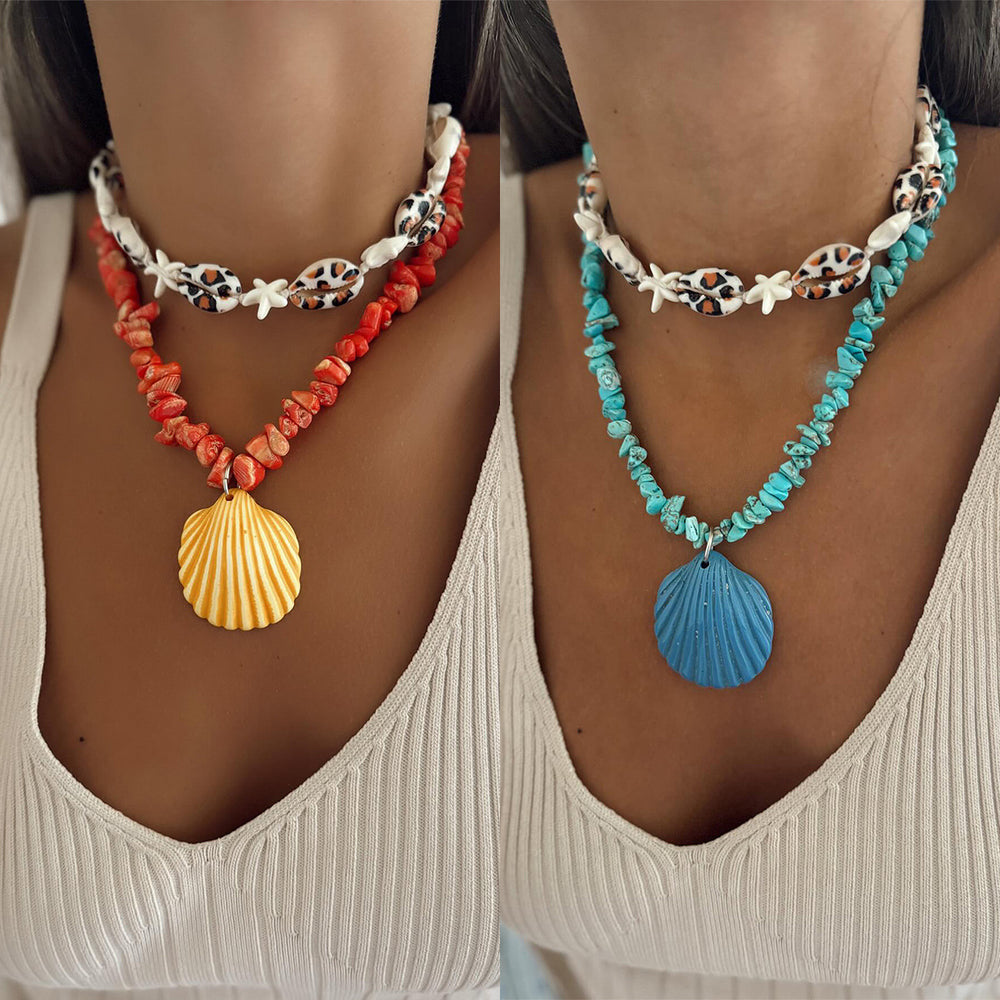 Wholesale seashell pendants - new cross-border beach starfish necklace for women - fresh, colorful crushed stone summer ocean choker