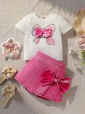 hot-selling girls' 3d bow top & heavy-duty washed denim skort set - two-piece outfit