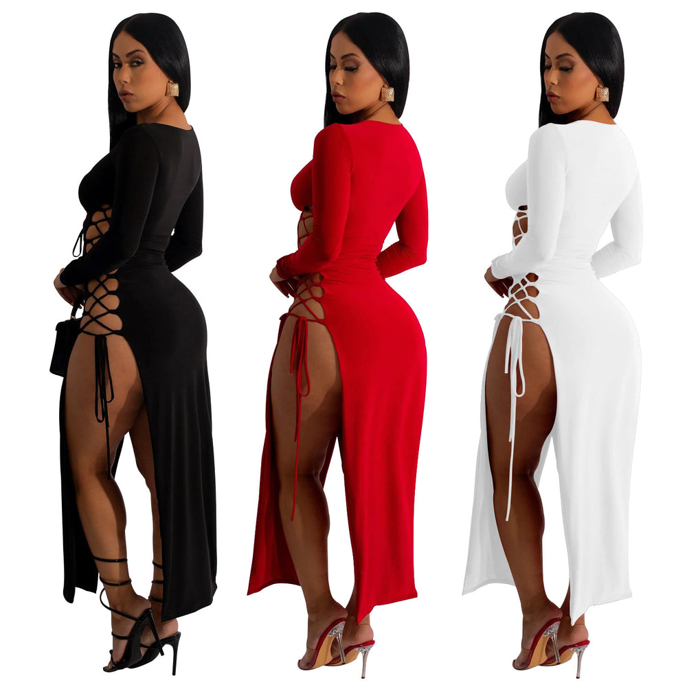 C6237 cross-border   fashion women's solid color drawstring slit long sleeve maxi dress