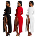 C6237 cross-border   fashion women's solid color drawstring slit long sleeve maxi dress