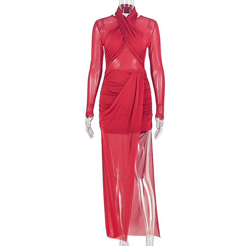 Fashion style cross-border pure color women's clothing chest-wrapped pleated slit hip-covering skirt see-through sexy high collar long sleevesdress trendy
