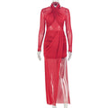 Fashion style cross-border pure color women's clothing chest-wrapped pleated slit hip-covering skirt see-through sexy high collar long sleevesdress trendy