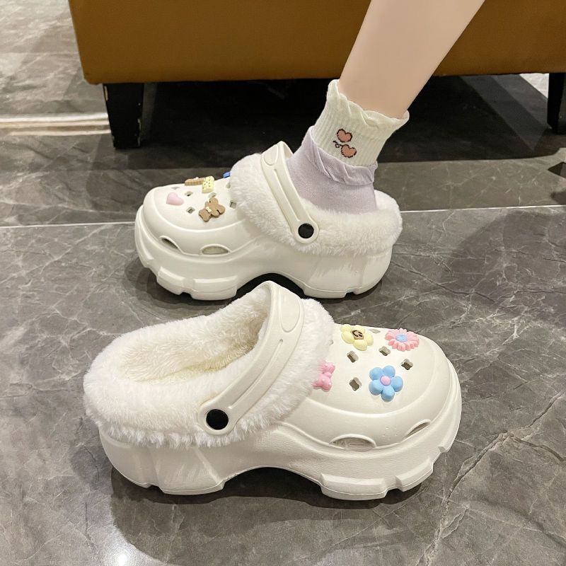 Clogs winterfleece-lineddetachable women's fall and wintergirl high heels cute student non-slip cotton slippers winterfleece-lined