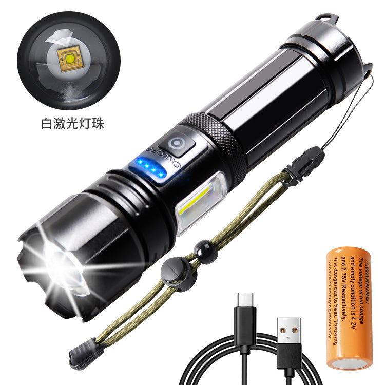 Cross-border new Type-c charging side light red and white power display white laser LED telescopic zoom output flashlight