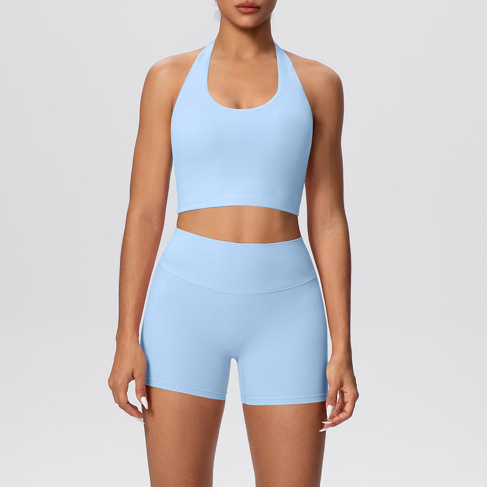 New arrival cross-border pure color double-sided brushed tight haltershorts yoga suit sports running fitness two-piece set
