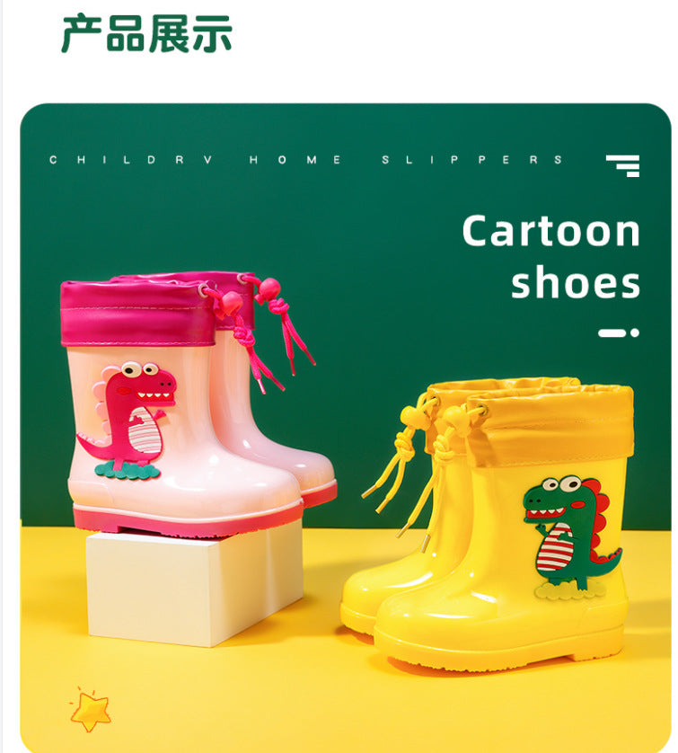 Kids' fashion waterproof warm rain boots - cute cartoon dinosaur design, non-slip, drawstring closure, all-season rain boots for boys and girls