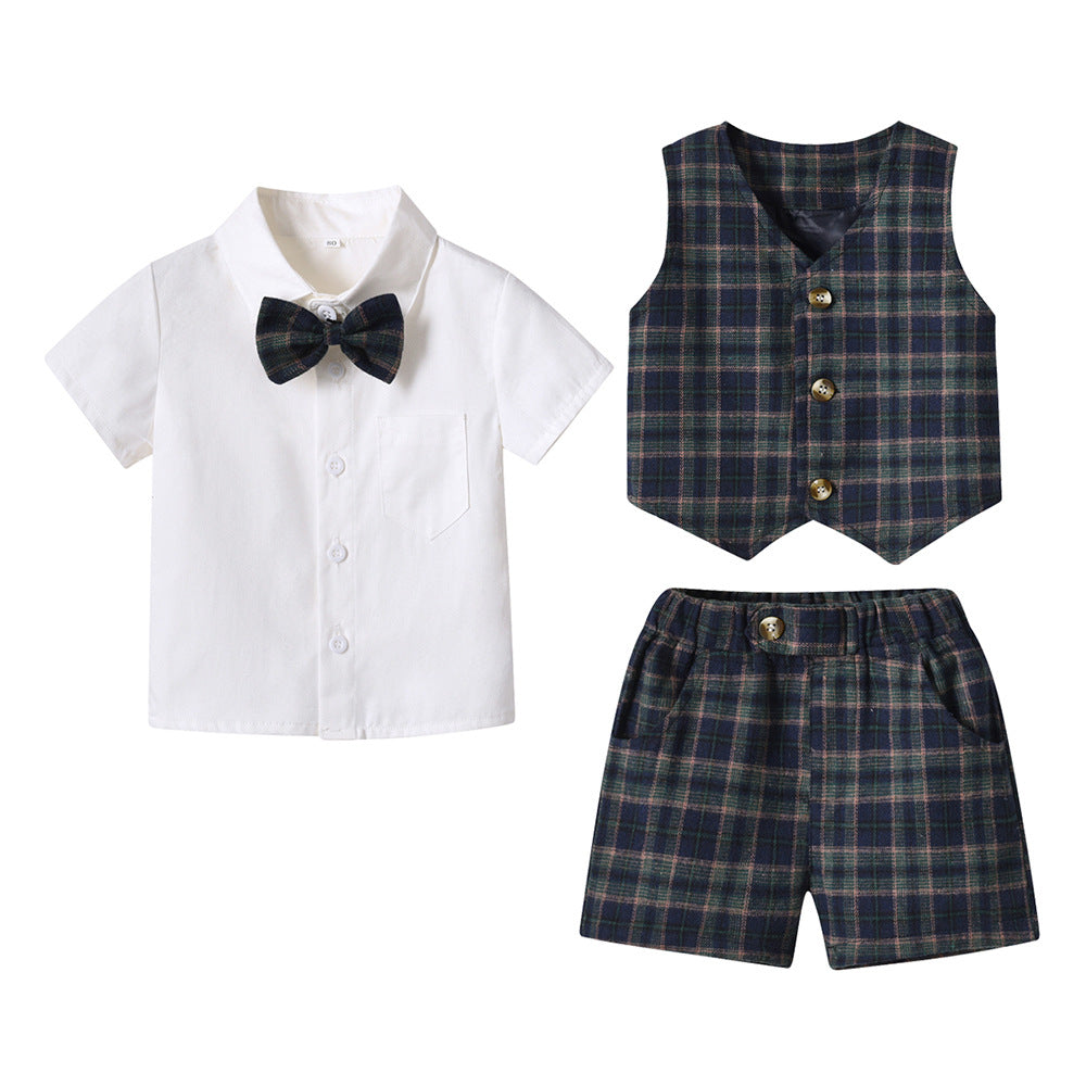 New boys' spring plaid vest three-piece set: gentleman's outfit for older boys, perfect for baby's first birthday celebration