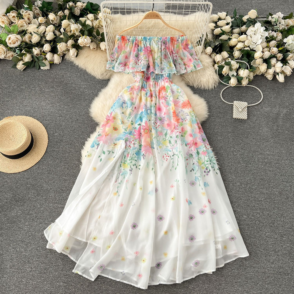 2024 new floral collection resort dress - women's ruffle one-shoulder slim-fit maxi chiffon fairy dress