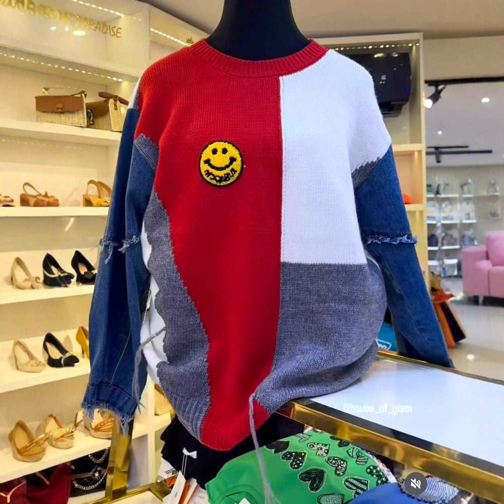 European and american style cross-border autumn/winter denim sleeve color block smiley face loose pullover sweater round neck knitted base layer top for women