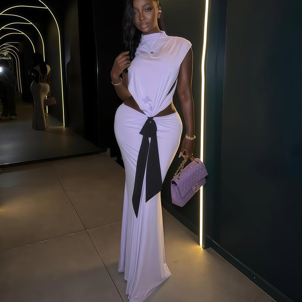 European and american cross-border women's fashion:  autumn new collection - solid color sleeveless stand collar open back top & sexy midi skirt two-piece set
