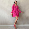 Export cross-border fashion for women in europe and america  fall and winter new arrival waist v-neck puff sleeve a-line skirt elegant mini dress