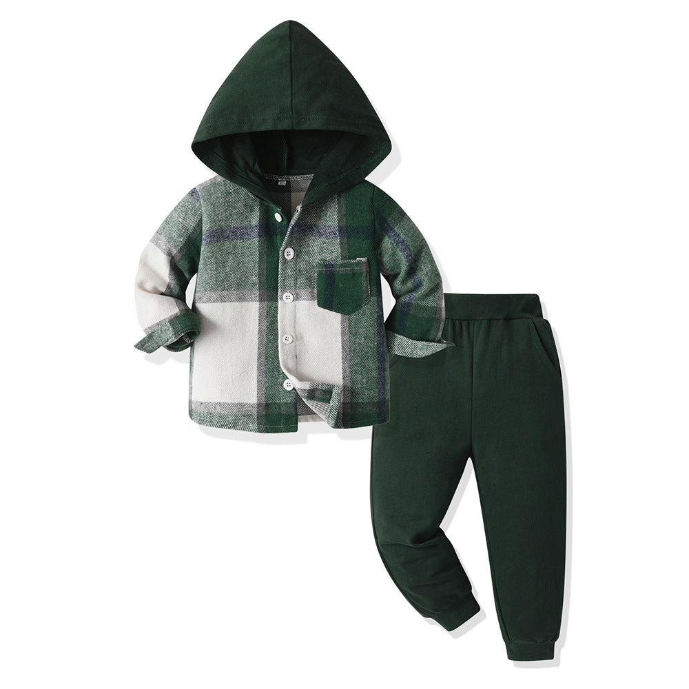 New arrival cross-border children's plaidshirtlong sleeves hoodie cotton boys spring suit boys spring children's clothing