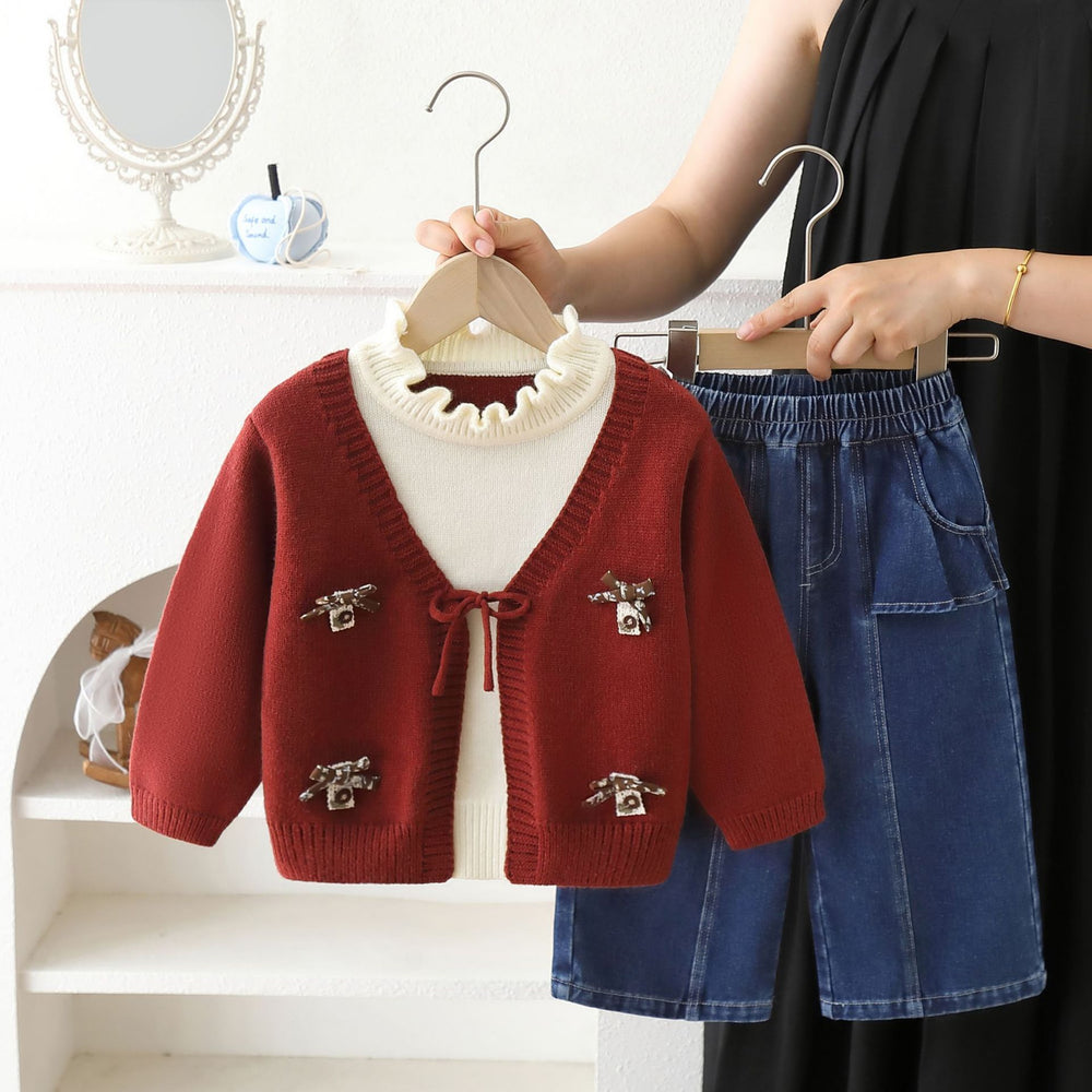 Girls' casual outfit set -  autumn/winter knitted 3d bow sweater jacket & stylish denim jeans two-piece set