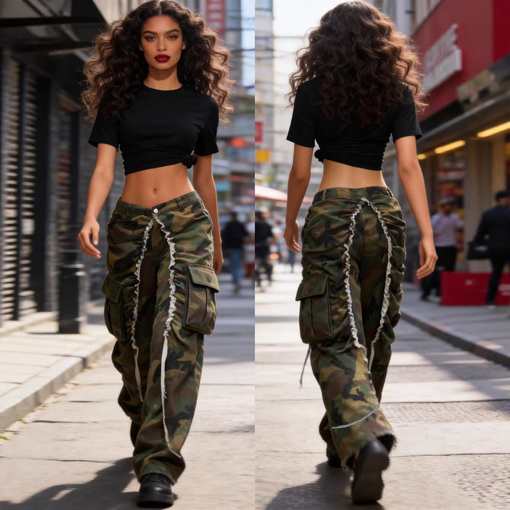 European and american style camouflage jeans -  cross-border women's fashion, unique pocket design, pleated, distressed hem, casual pants
