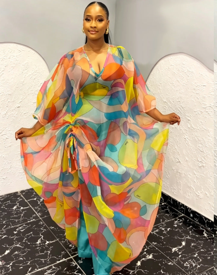 African wedding party dress - colorful leopard print batwing sleeve shirred design robe bubudress