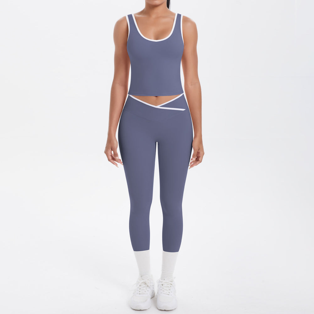 Cross high waist sports suit women's contrast color nude tight yoga clothes quick-drying breathable outdoor running fitness suit
