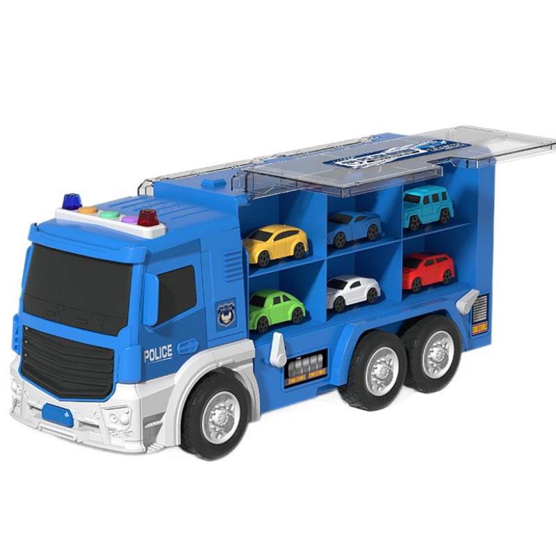 Boys' transforming storage double-decker container truck 2-in-1 track car building with lights, music, educational electric toy