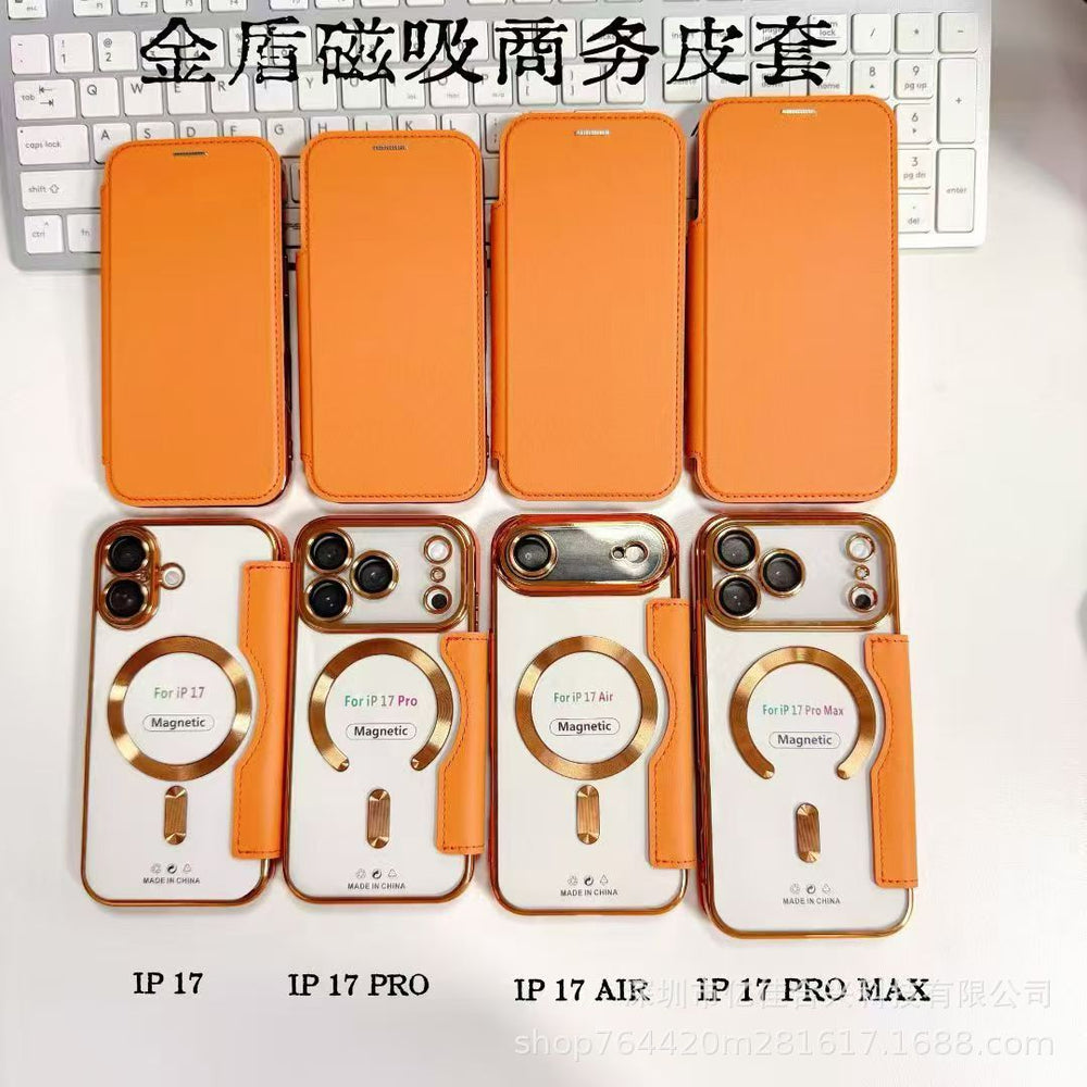 Suitable for apple 16promax mobile phone case electroplated gold shield magnetic leather case iphone17 flip full cover protective case